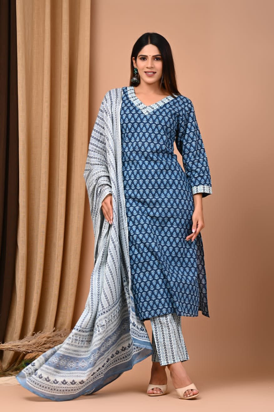 Bagru Handblock Printed Designer Cotton Suit With Mulmul Duptta - Blue Colour | Cotton Churidar Full Set