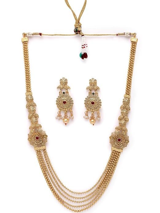 Gold Plated Rani Haar Long Kundan Studded Multistring Necklace Set And Earring | Jewellery Set For Women (NS105729)