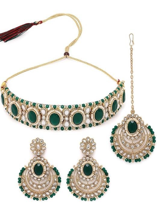 Sukkhi Indian Traditional Gold Plated Stone & Beads Choker Necklace Set With Earring And Maangtika | Jewellery Set For Women.