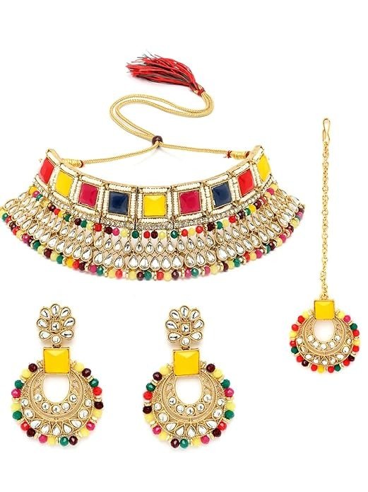 Sukkhi Classical Bridal Gold Plated Rani Pink Kundan & Beads Studded Choker Necklace Set For Women.