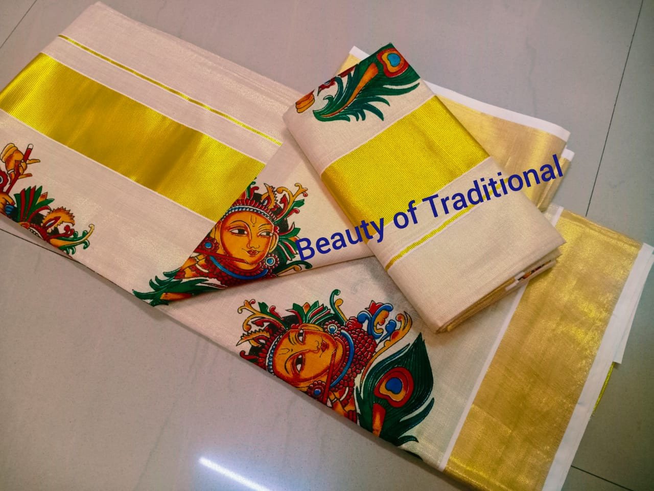 Avanika Collection's Kerala Traditional Tissue Mural Work Set Mundu | Kerala Traditional Set Mundu