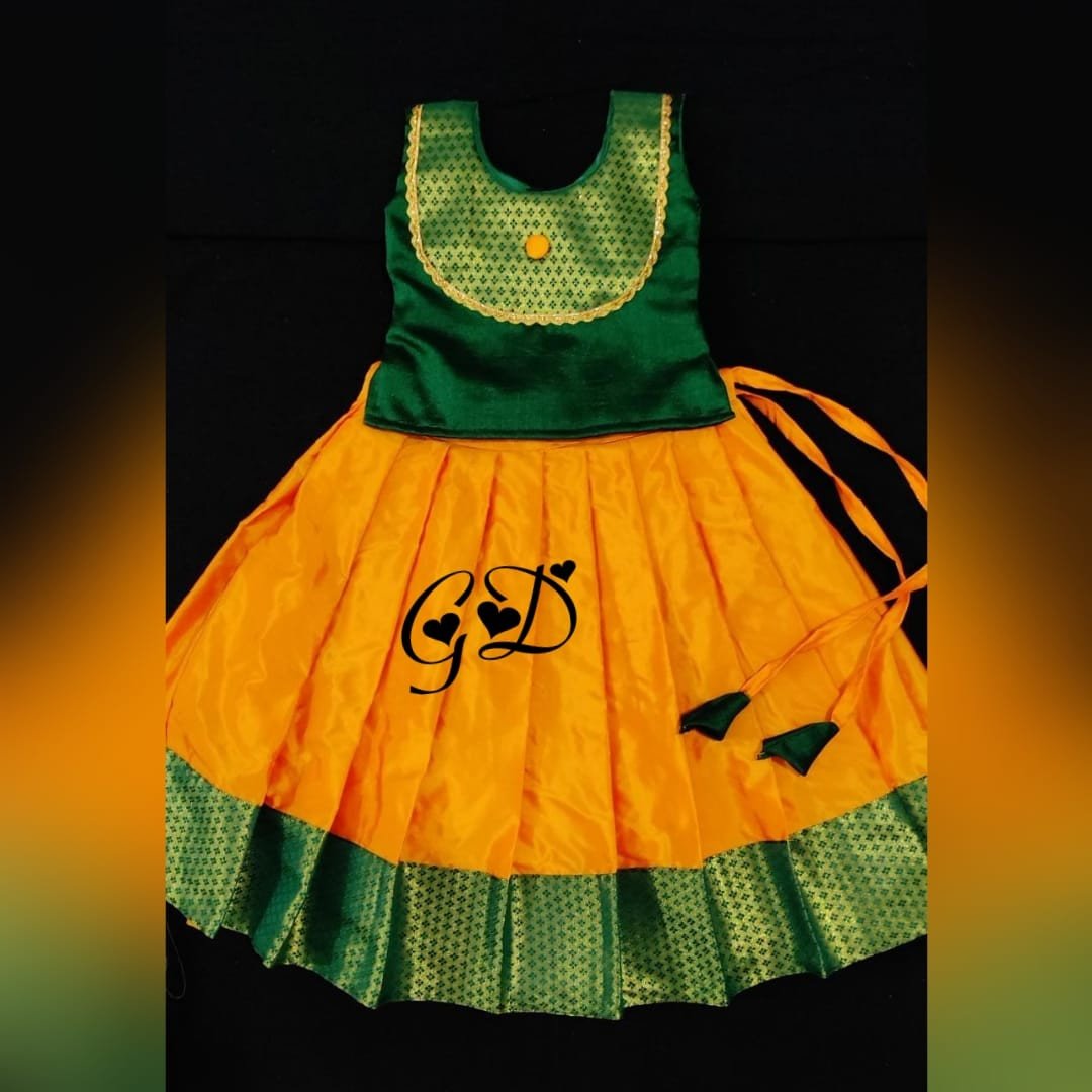 Classy Threads Collectionzz Trendy Stylish Silk Cotton Kids Skirts & Jacket - Green & Orange Colour | Kerala Traditional Pattupavada