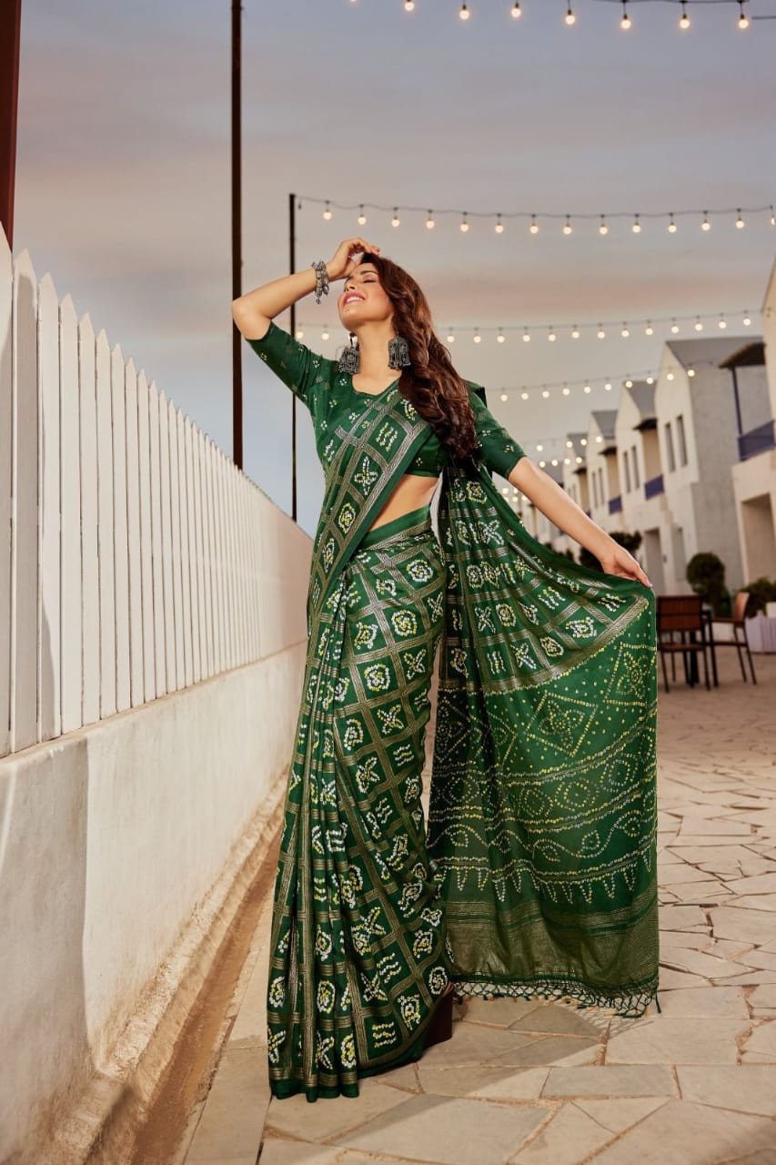 Edathal Star Collection's Soft Silk Saree With Bhandez Gharchola Style And Foil Print With Soft Pashmina Allover Printed Blouse - Green Colour