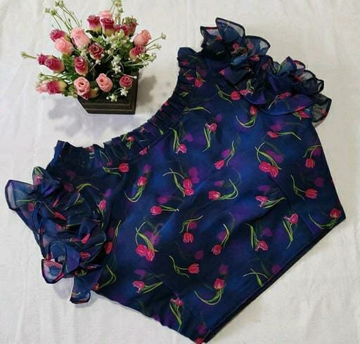 Sastha Fashion Fancy Trendy Stylish Digital Printed Frills On Sleeves Ruffles Fancy Women Readymade Blouse - Blue Colour | Georgette Fabric | Ruffles