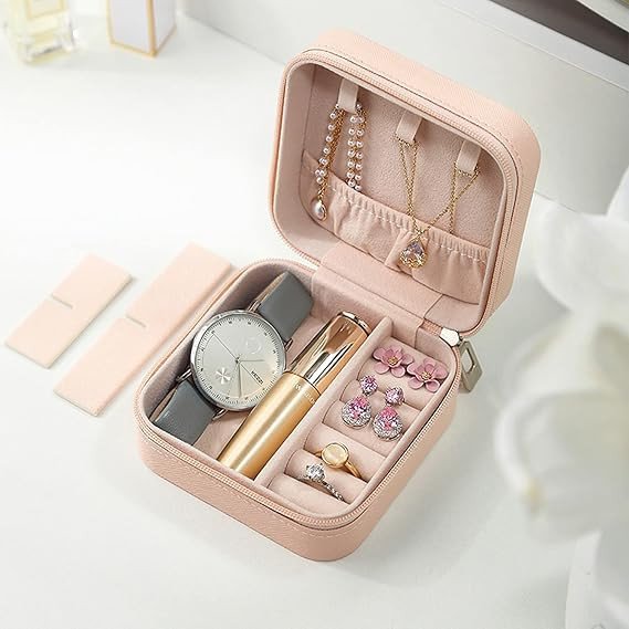 SmartGadgets Mini Jewellery Box, PU Leather Zipper Portable Storage Box Case With Dividers Container For Earrings, Rings( Pink)
