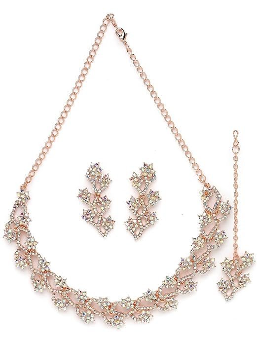 Summer-Ready Rose Gold Plated Rainbow Stones Collar Bone Necklace Set With Earring And Maangtika | Jewellery Set For Women (NS105695)