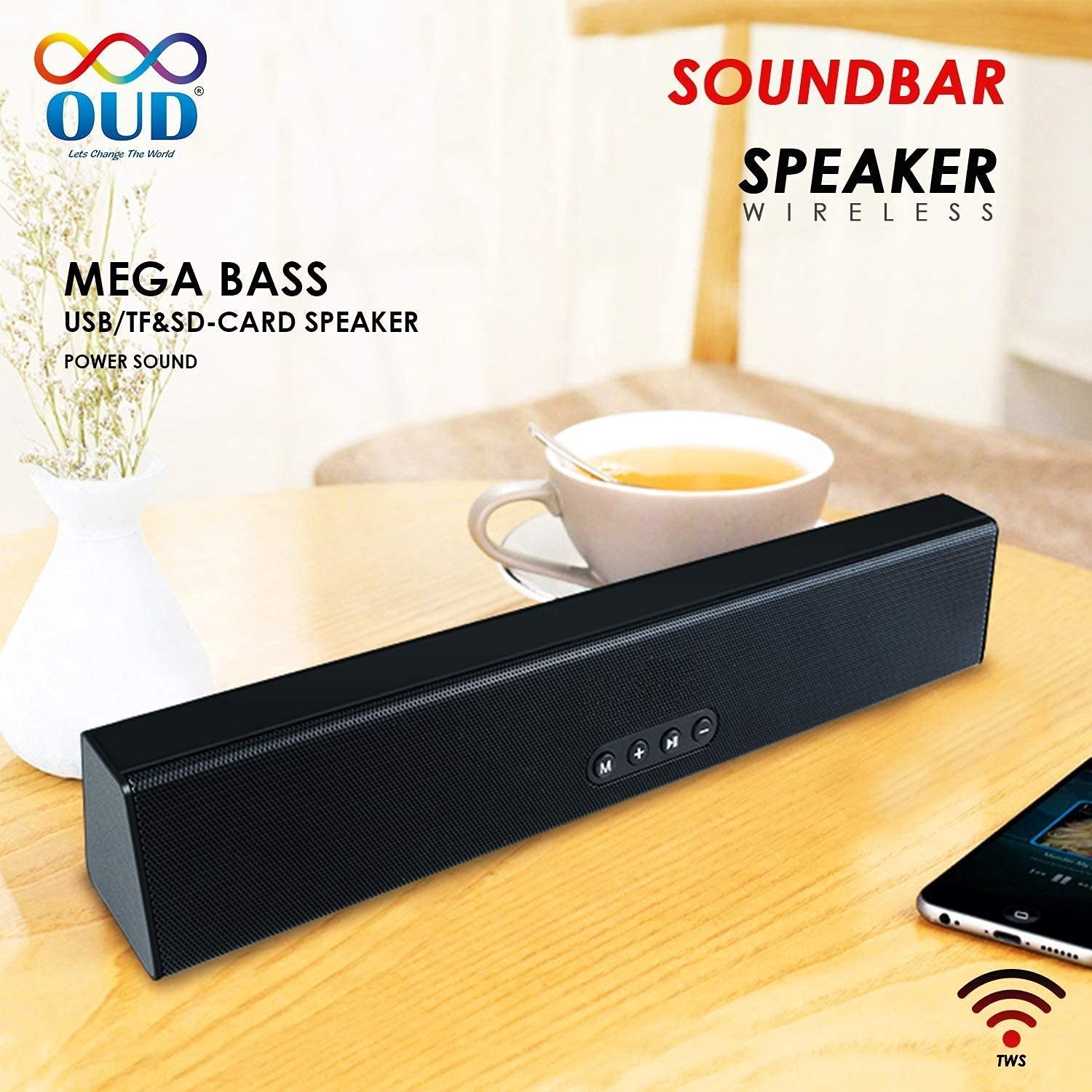 OUD BT-590FM/A7 Portable Bluetooth Sound Bar Wireless Wooden with FM Radio USB Slot SD Card AUX Cable Mic Built-in 1200mAh with Rechargeable Battery TWS Speaker (BT-1770FM)
