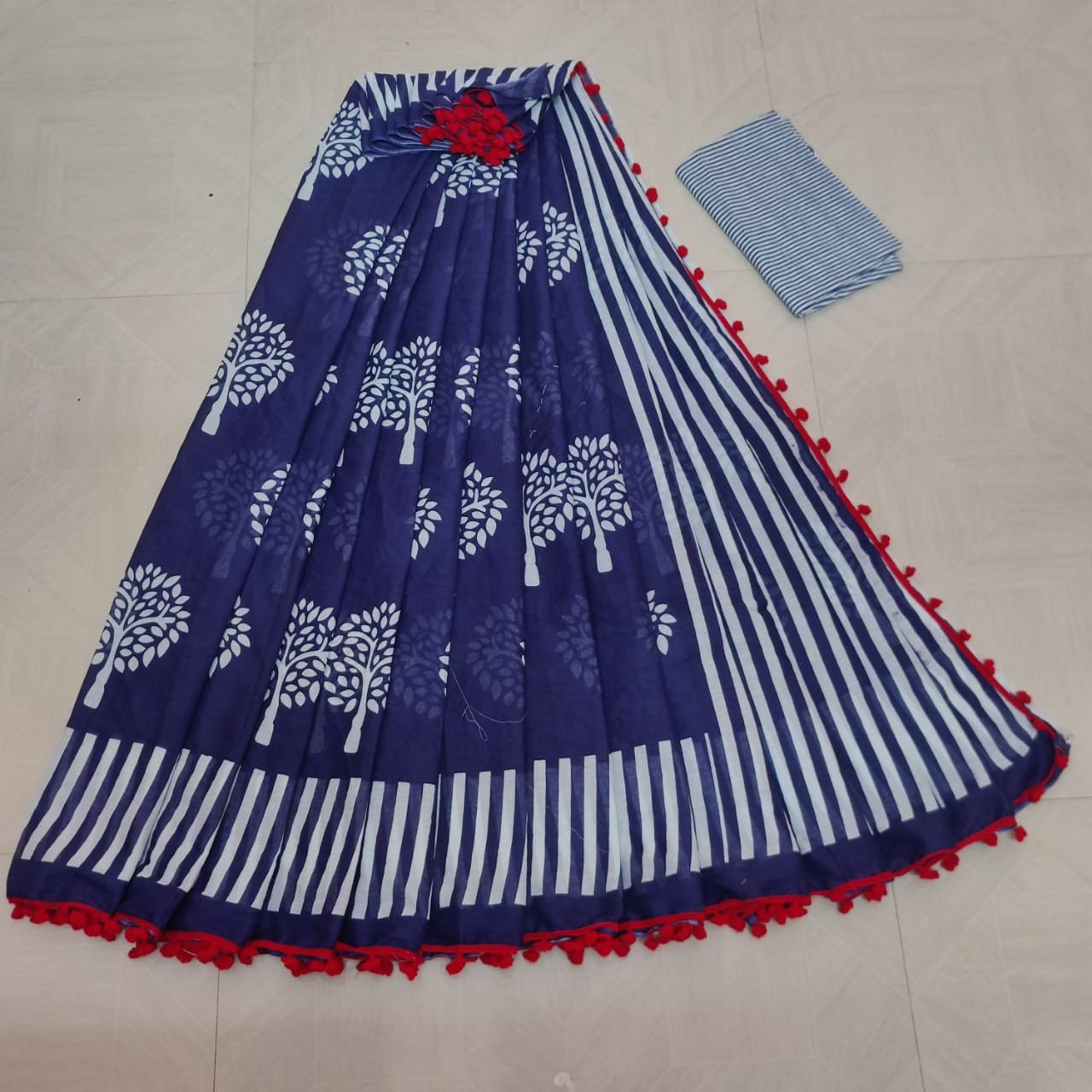 Edathal Star Collection's Pure Soft & Attractive Cotton Mul Mul Bagru Hand Block Printed Saree With Mulmul Cotton Blouse - Multicolour | Cotton Saree With Blouse
