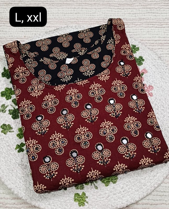 Avanika Collection's Premium Quality Pure Cotton Ajrakh Handwork Kurti With Lining - Red & Black Colour | Printed Churidar Top
