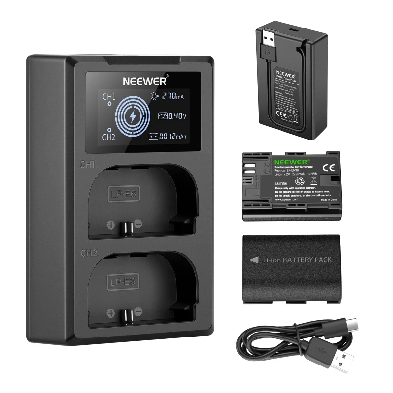 2-Pack LP-E6NH 2250mAh R6 II Canon Replacement Batteries Charger Set