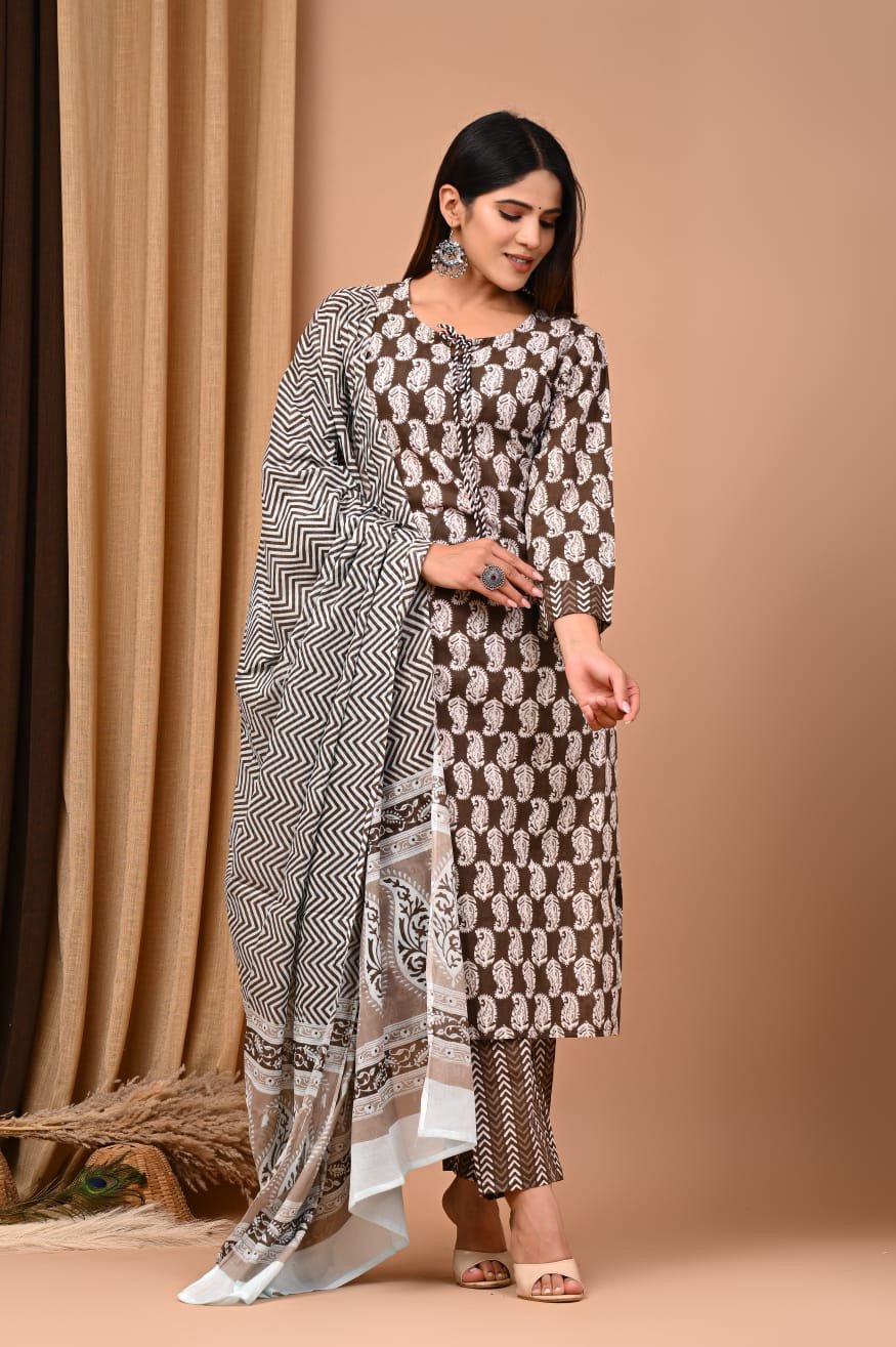 Bagru Handblock Printed Designer Cotton Suit With Mulmul Duptta - Coffe Colour | Cotton Churidar Full Set