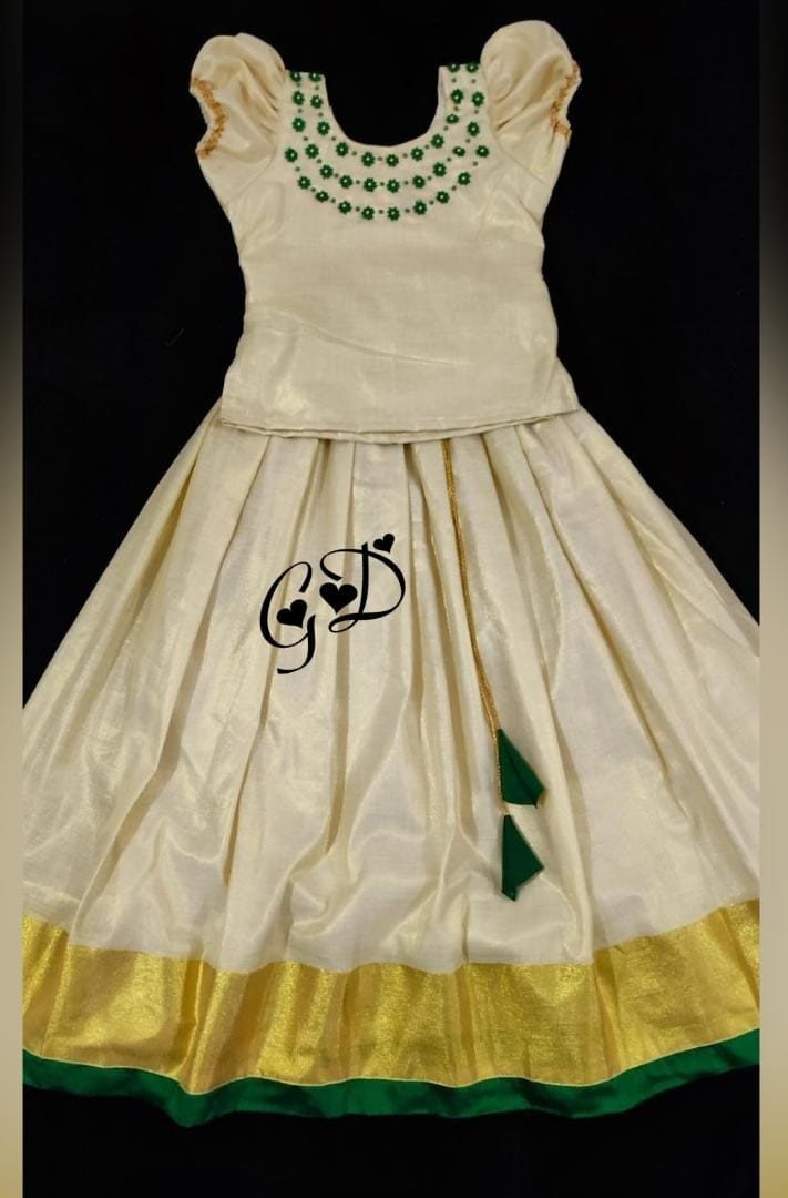 Classy Threads Collectionzz Trendy Stylish Kids Silk Cotton Skirts & Jacket - Golden Tissue Colour | Kerala Style Pattupavada