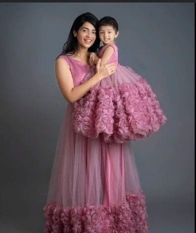 Sastha Fashion Mother And Daughter Stylish Classy Partywear Flower Net  Sleeveless Long Length Pink Colour Gown ( S , M , L , XL , XXL , XXXL )