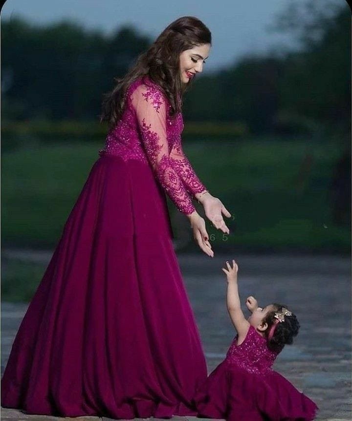 Sastha Fashion Mother And Daughter Stylish Classy Partywear Embroidery Net Full Sleeves Long Length Georgette Fabric Dark Magenta Colour Gown ( S , M , L , XL , XXL , XXXL )