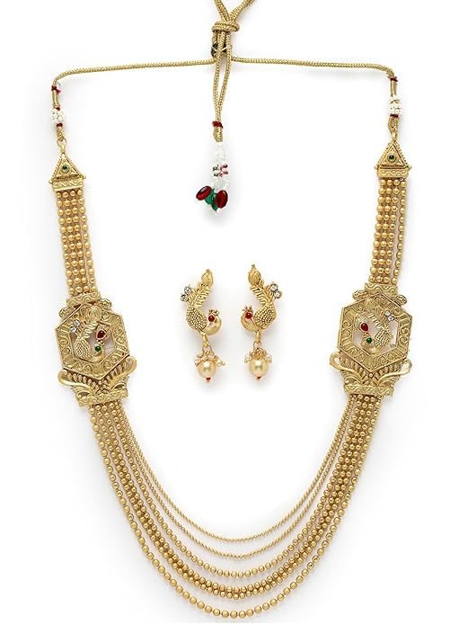 Amazing Gold Plated Golden Rani Haar Long Kundan Studded Multistring Necklace Set And Earring | Jewellery Set For Women (NS105744)