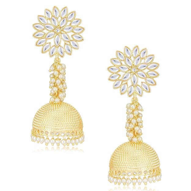 Eye Catching Kundan Gold Plated Pearl Jumki Earring Set for Women (SKR85626), One Size