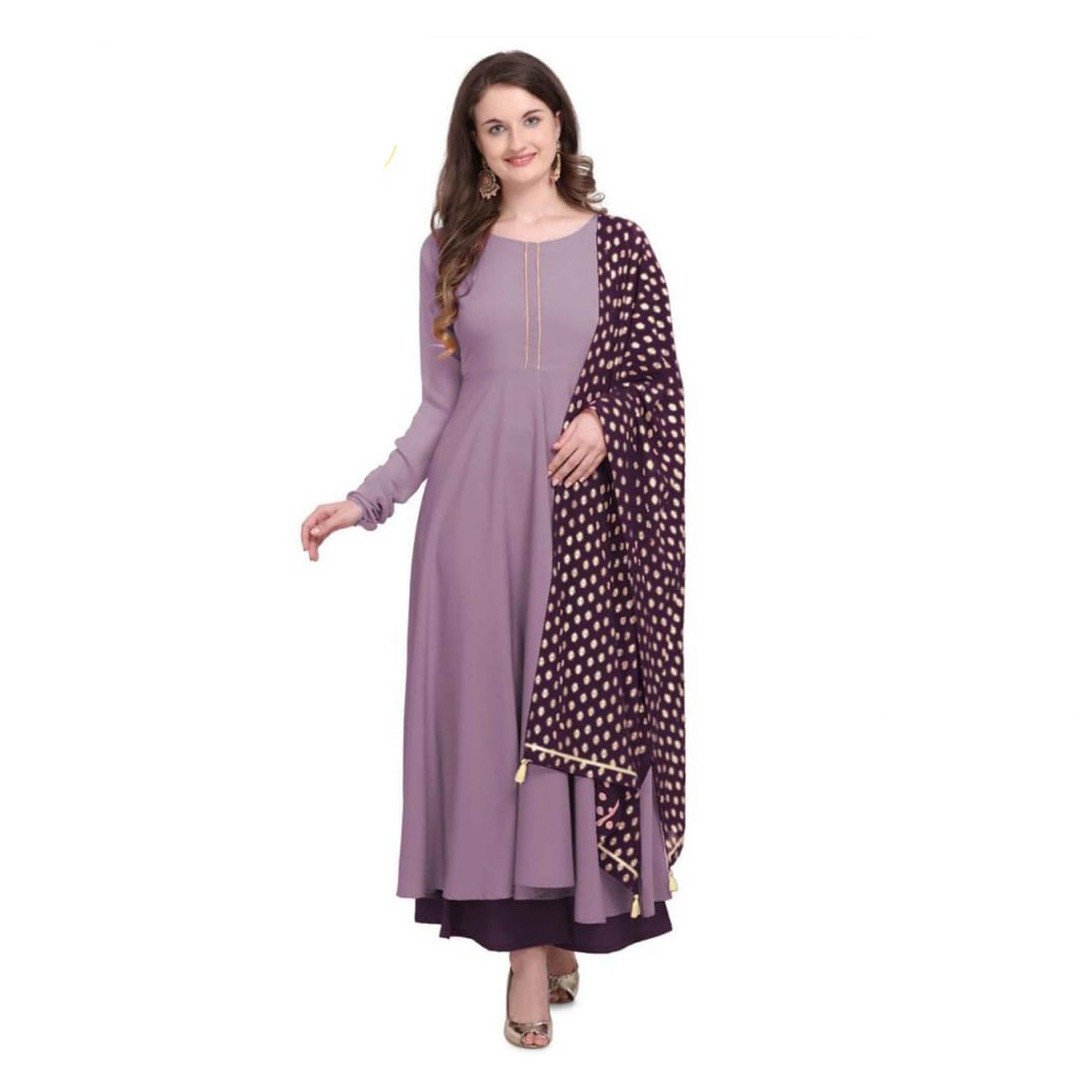 Aparna Collection's Attractive Stylish Georgette Full Sleeve Long Length Kurti & Duppatta For Women - Lavender Colour