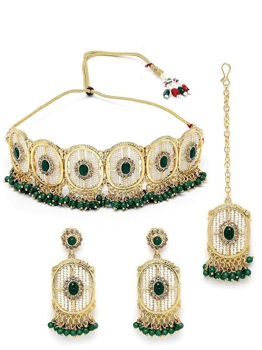 Charming Circular Gold Toned Plated Necklace Set With Earring And Maangtika | Jewellery Set For Women.