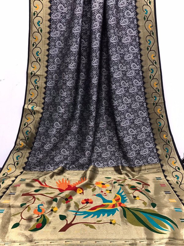 Edathal Star collection's Beautiful Lacknowi weaving saree With Paithani Rich Meena Pallu With Contrast Blouse