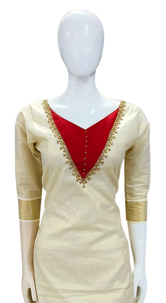 Avanika Collection's Kerala Traditional Attractive & Stylish Tissue Cotton Churidar Full Set (Tissue Dupatta With Bead Work) | Kerala Traditional Salwar Set