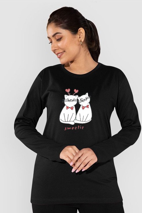 Just Camp Clothing's Senthur Fashion Women Regular Fit Cotton Round Neck Full Sleeve Cat Printed Casual T-Shirts - Multicolour