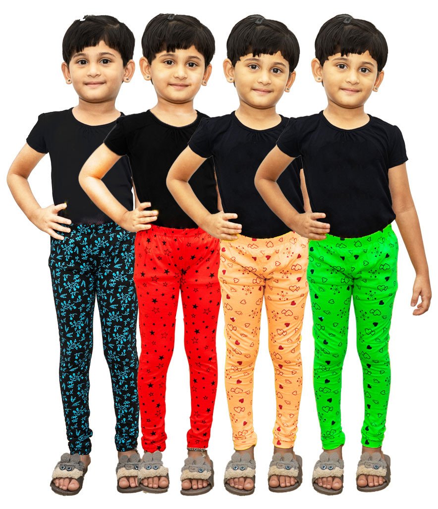 AFRA Stylish Regular Fit Casual Ankle Length Printed Pure Cotton Leggings For Kids (Pack of 4)  | Full Length Leggings 4 in 1 (Combo)