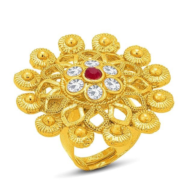 Adorable Traditional Floral Gold Plated Colour Stone Adjustable Ring For Women (LR103085)