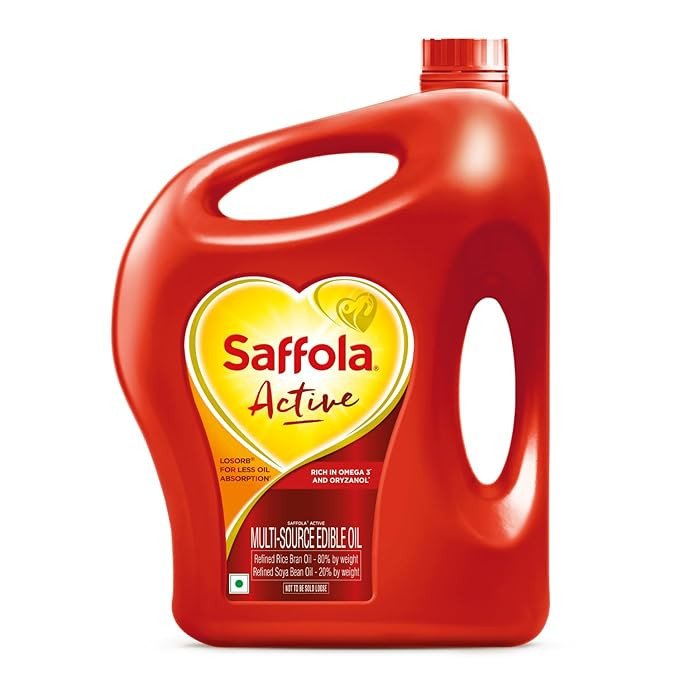 Saffola Active Refined Cooking oil | Rich in Omega 3 & Oryzanol | Multi-Source Edible Rice Bran & SoyaBean oil | 5 Litre Jar
