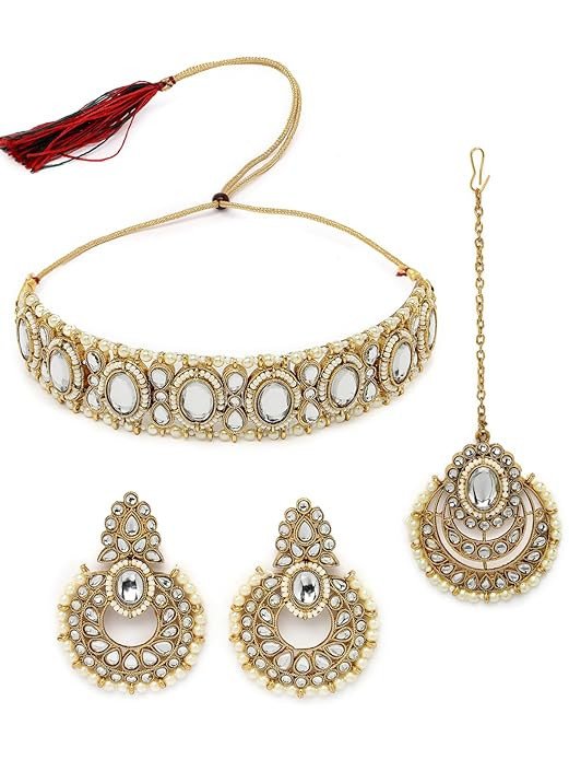 Indian Traditional Gold Plated Stone & Beads Choker Necklace Set With Earring And Maangtika | Jewellery Set For Women.