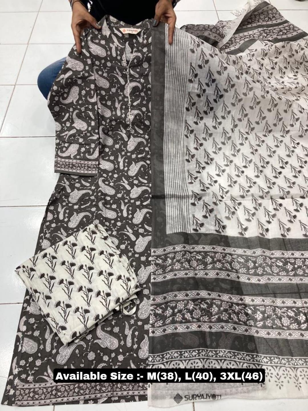 Sew In Style Printed Pure Cotton Ready Made Kurti And Pend With Duppatta | Ladies Full Churidhar Set(Black&White)