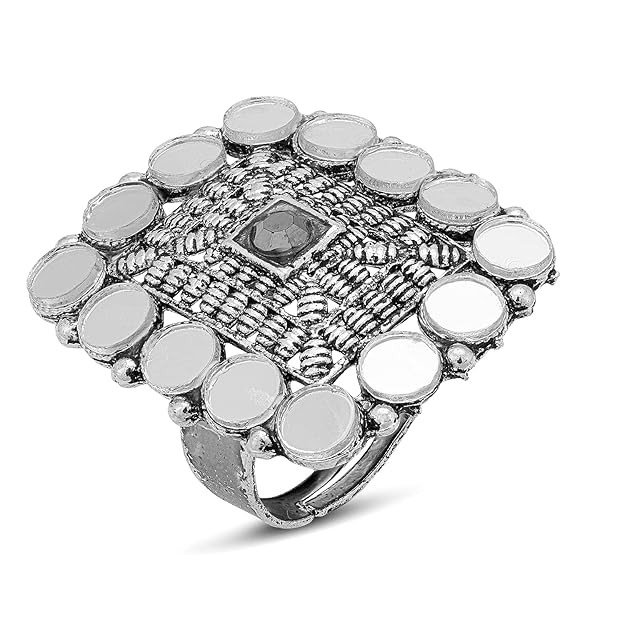 Antique Traditional Square Gold Plated Mirror Adjustable Ring For Women.