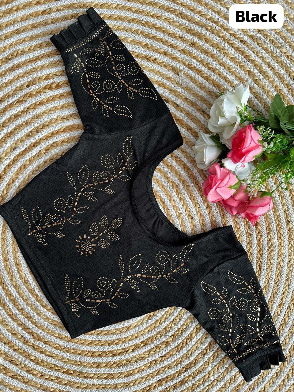 Sai Ram Textiles Fancy Sirojki Work Jhari Pushpa Designed Round Neck Lycra Stretchable Readymade Blouse - Black Colour (Stitched Blouse) | Stitched Saree Blouse