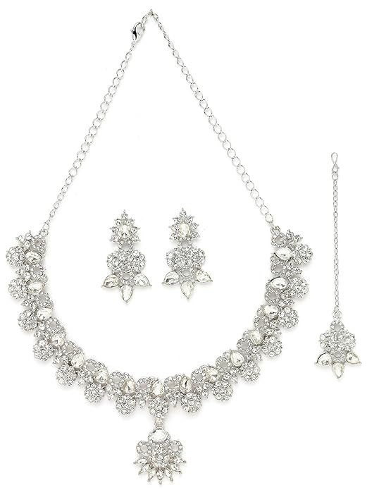 Sukkhi Sensational Rhodium Plated Silver AD White Stone Floral Collar Bone Necklace Set With Earring And Maangtika | Jewellery Set For Women (NS105548)