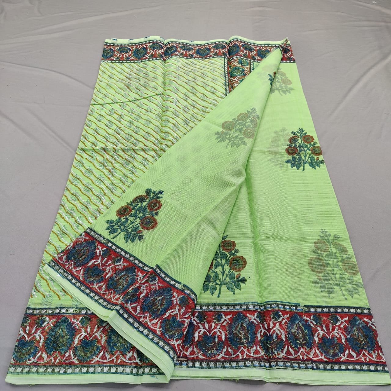 Edathal Star Collection's Soft & Smooth Kota Doria Mix Cotton Block Printed Saree With Blouse - Multi Colour | Cotton Saree With Blouse