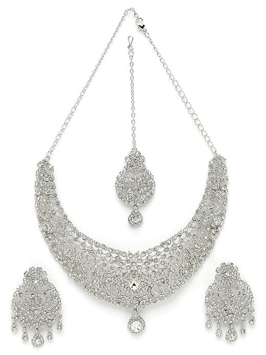Iconic Rhodium Plated Silver AD White Stones Floral Collar Bone Necklace Set With Earring And Maangtika | Jewellery Set For Women (NS105610)