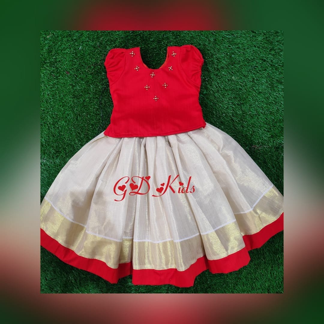 Classy Threads Collectionzz Trendy Stylish Silk Cotton Kids Skirts & Jacket - Red & White Colour | Kerala Traditional Pattupavada