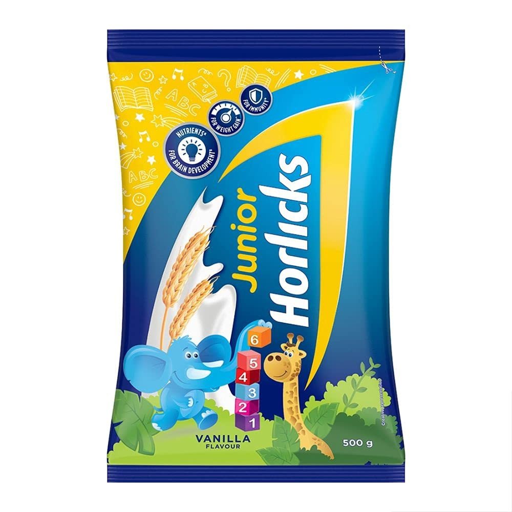 Junior Horlicks, Health & Nutrition Drink for Toddlers & Young Kids, For Brain Development, Weight Gain and Immunity Pouch,vanilla Flavour, 500g