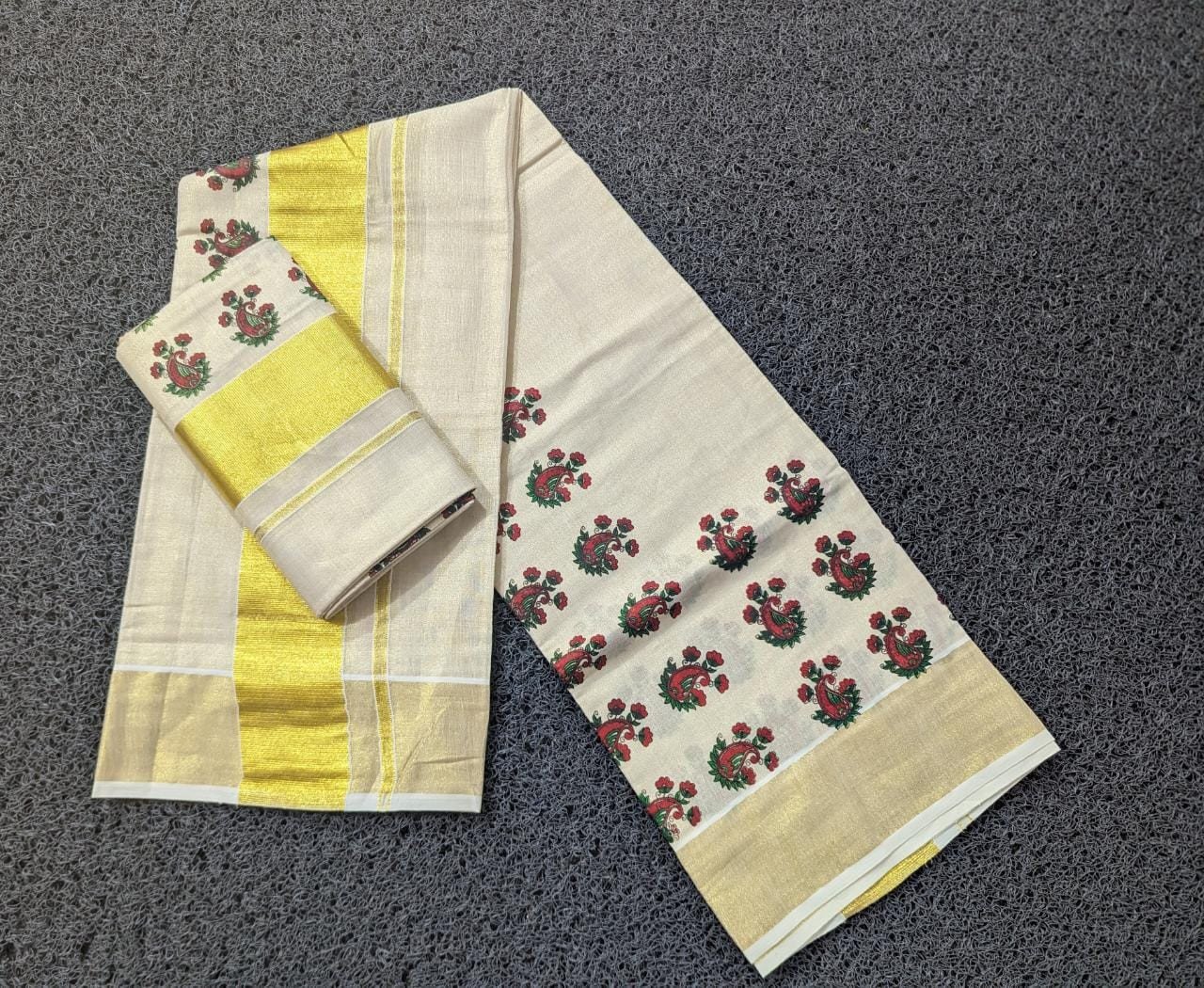 Sai Ram Textiles Premium Quality 3 Line Mural Print Golden Tissue Set Mundu | Kerala Set Saree