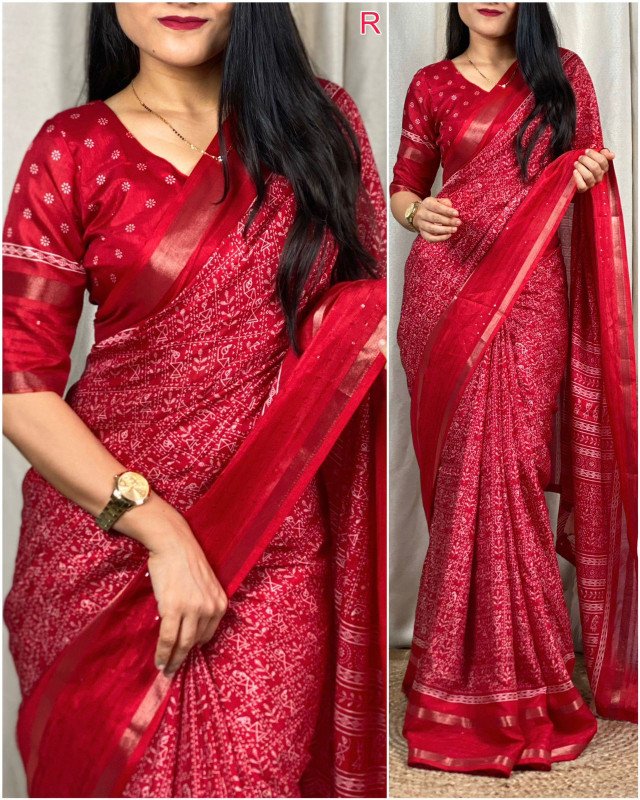 Edathal Star Collection's Kalamkari Print Saree With Sequin & Zari Boder & Tussles In Pallu With Printed Blouse - Red Colour | Soft Cotton Kalamkari Printed Saree