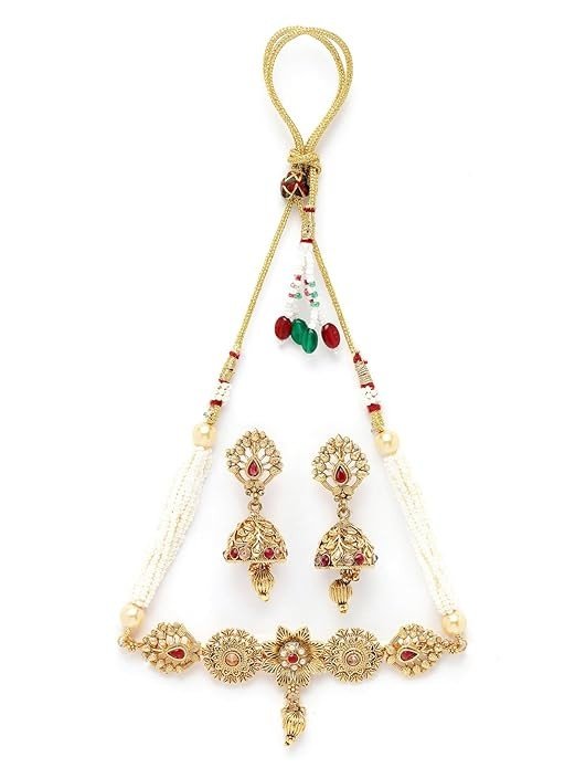 Sukkhi Appealing Gold Plated Gold Beads Floral Copper Choker Necklace Set with Jhumki Earring | Jewellery Set For Women (NS105537)