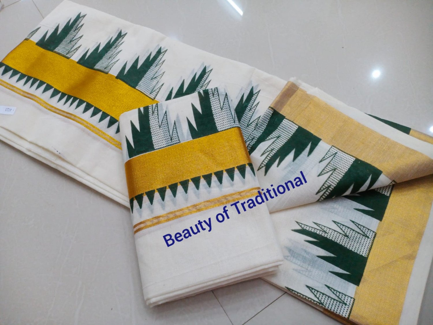 Avanika Collection's Kerala Traditional Pure Cotton Kassavu Timple Work Set Mundu