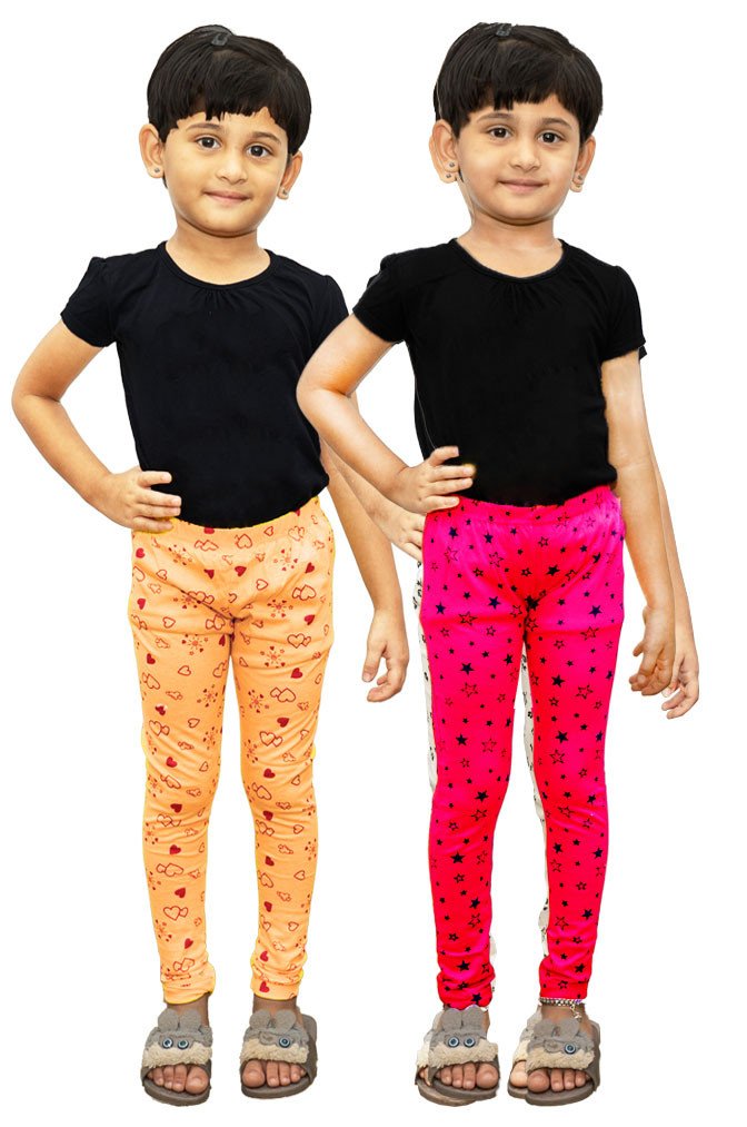 AFRA Kid's Stylish Attractive Pure Cotton Printed Multi-coloured Leggings 2 Pack Combo | Girl's Leggings Combo (2 in 1)
