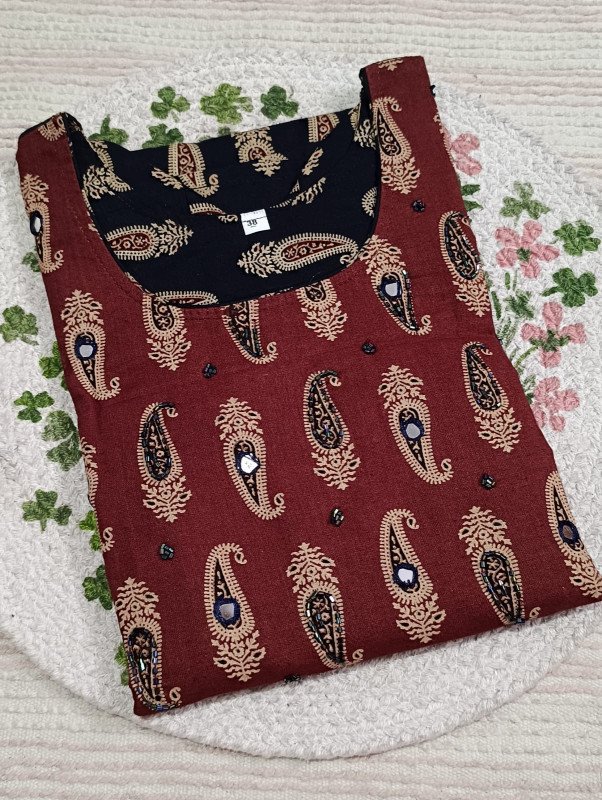 Avanika Collection's Attractive Premium Quality Pure Cotton Ajrakh Handwork Kurti With Lining - Red & Black Colour | Printed Churidar Top