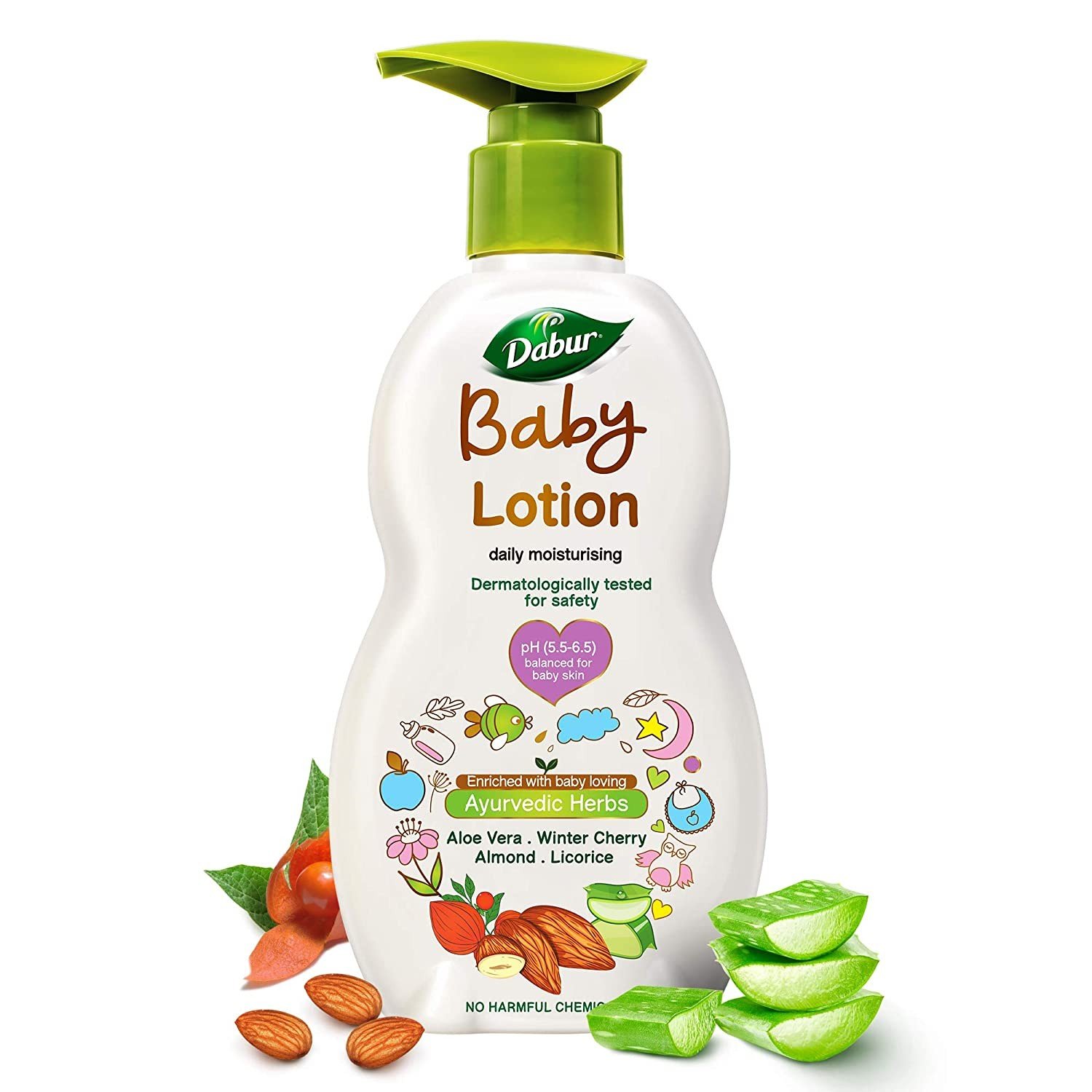 Dabur Baby Lotion: pH 5.5 Balanced Sensitive Skin with No Harmful Chemicals | Contains Aloe Vera , Licorice and Almonds | Hypoallergenic and Dermatologically Tested | No Paraben and Phthalates - 500 m