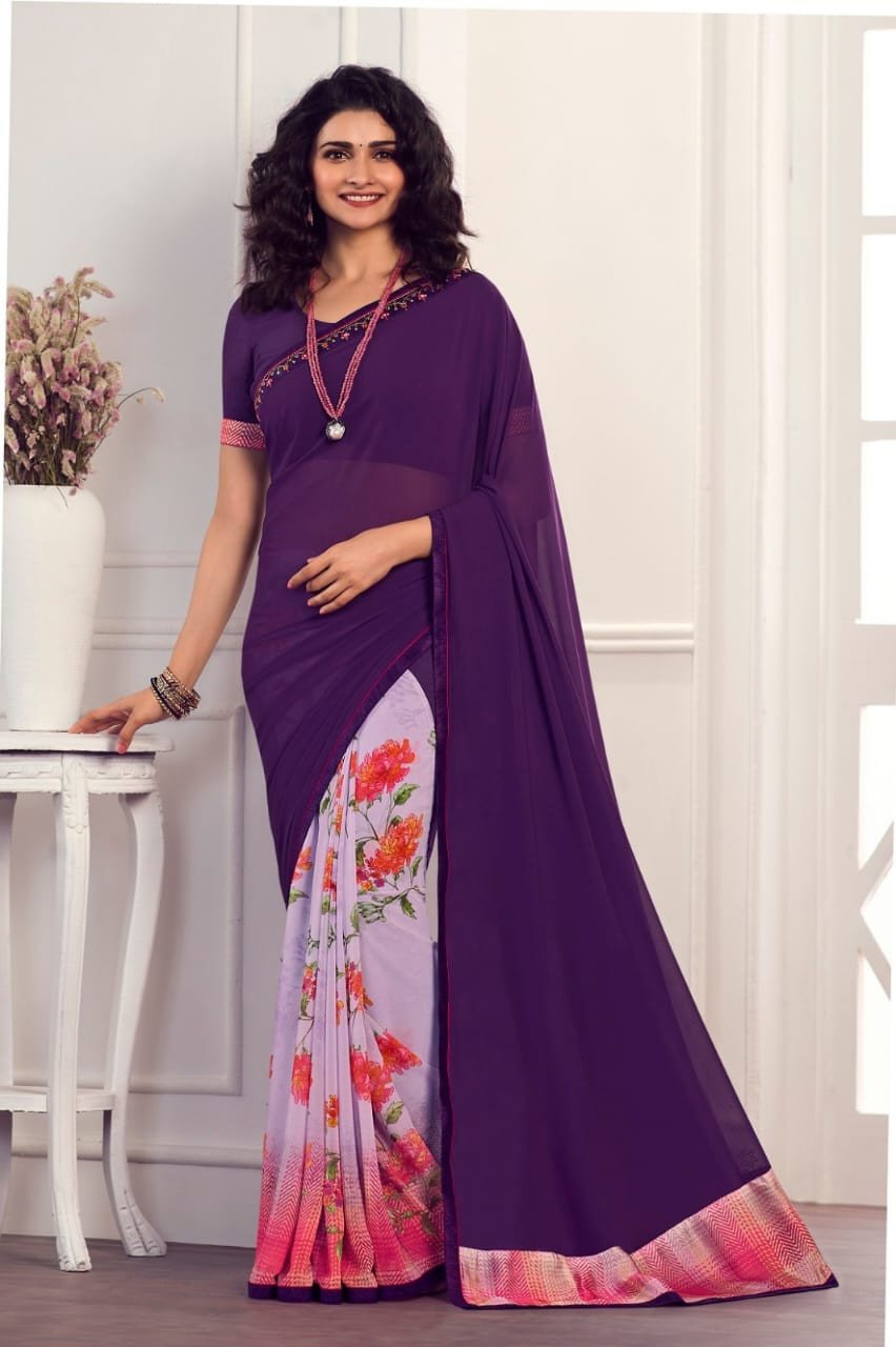 Attractive Women Georgette Half & Half Printed Pattern With Plain Blouse - Multicolour | Georgette Saree With Blouse