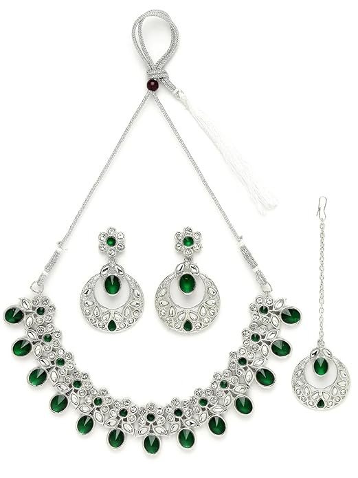 Sukkhi Dreamy Rhodium Plated Green AD White Stones & Beads Collar Bone Necklace Set With Earring And Maangtika | Jewellery Set For Women (NS105565)