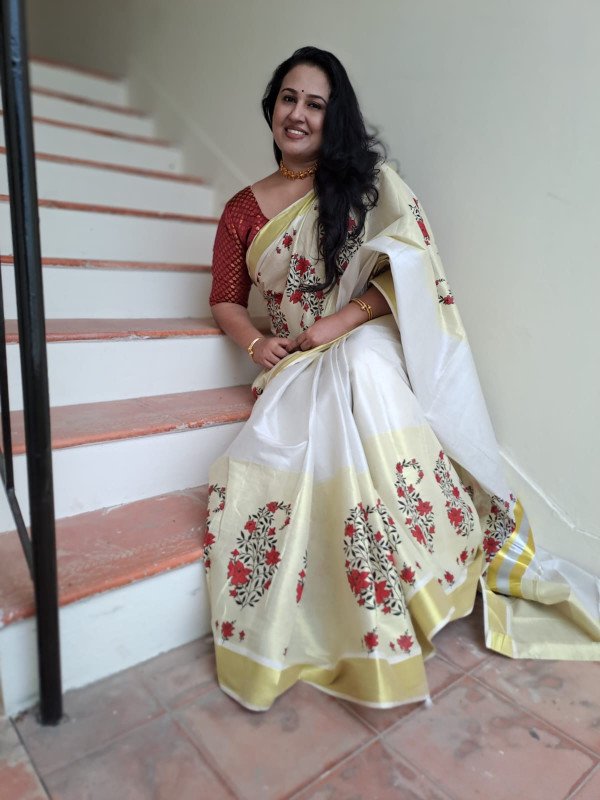 Sai Ram Textiles Premium Quality Three Layer Mango Design Saree With Blouse | Kerala Set Saree