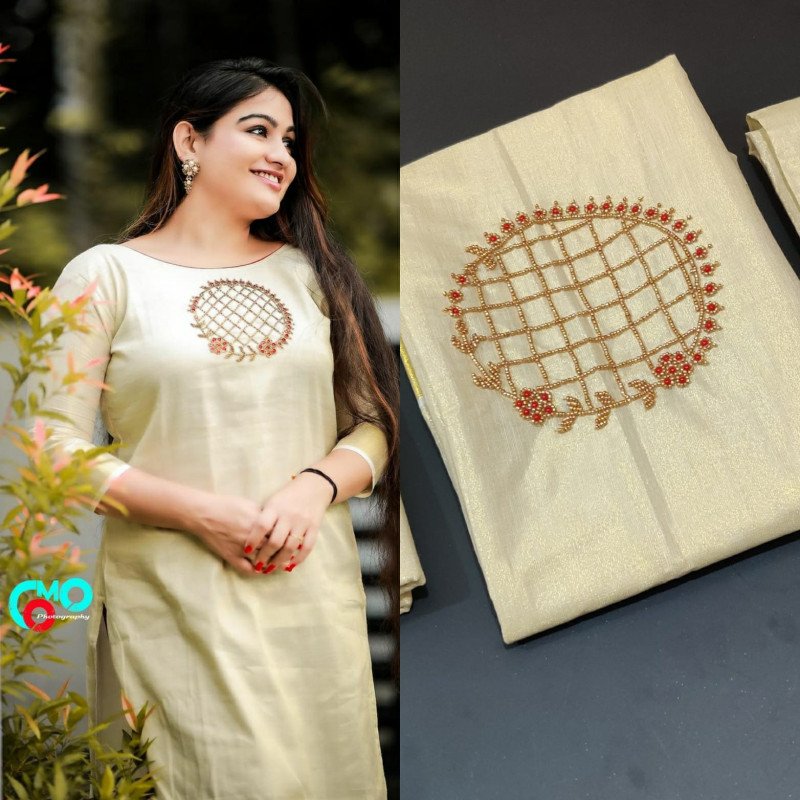 Sai Ram Textiles Attractive Cotton Stone Worked Golden Tissue Churidar Full Set Material - For Women | Kerala Traditional Churidar Material