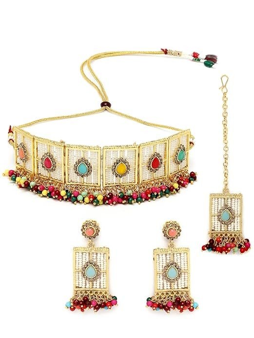 Sukkhi Beautiful Squared Shaped White Beads Studded With Gold Plated Choker Necklace Set For Women.