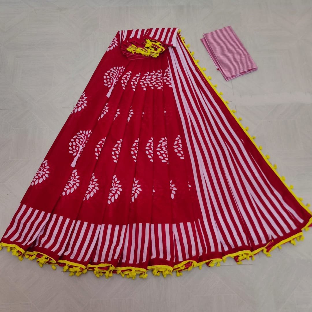 Edathal Star Collection's Pure Soft Cotton Mul Mul Bagru Hand Block Printed Saree With Mulmul Cotton Blouse - Multicolour | Cotton Saree With Blouse